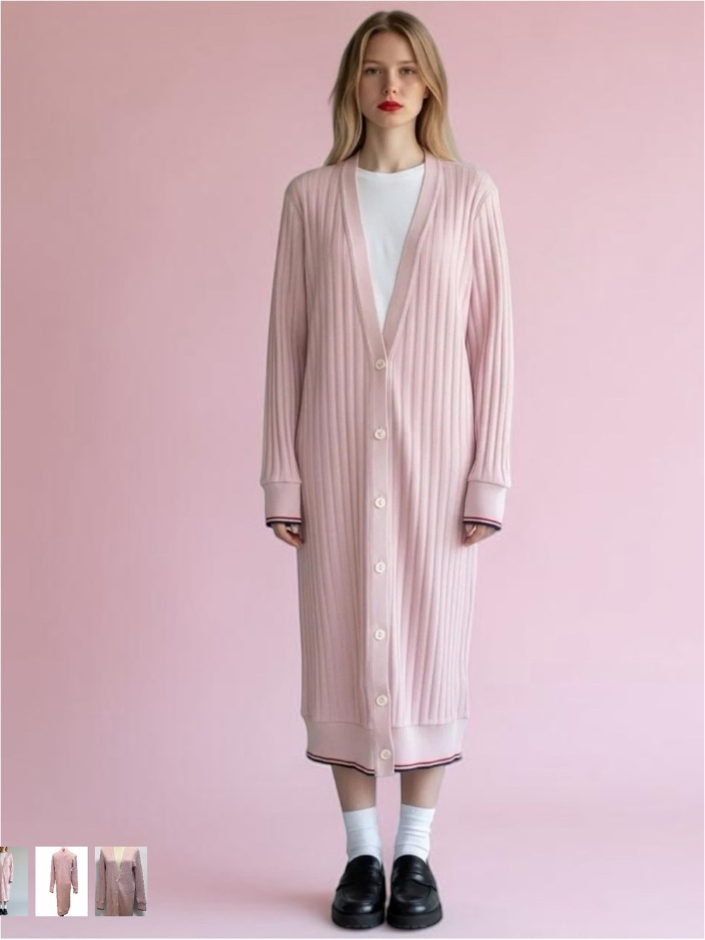 Thom Browne Ribbed Long Button-Front Robe Cardigan in Pale Pink